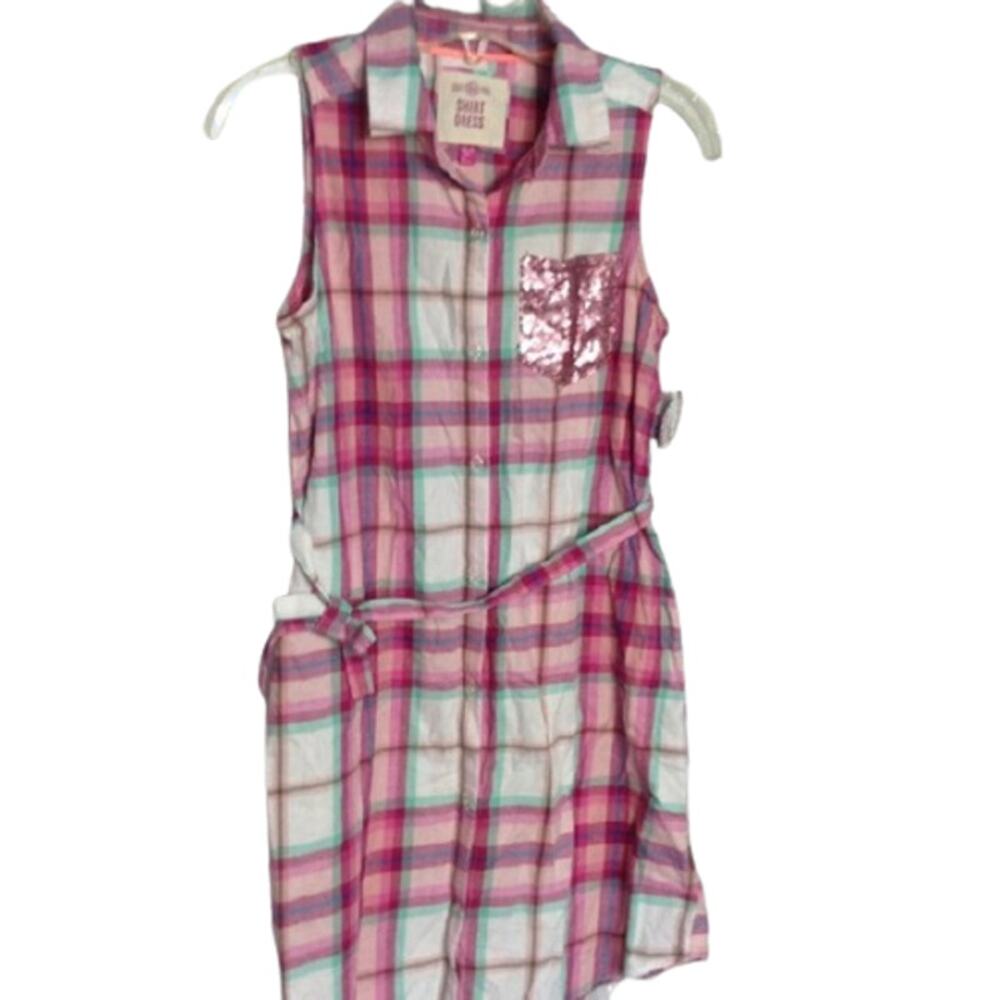 SO Pink Plaid Sleeveless Shirt Dress with Sequins Girls XXL16 Summer